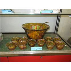 "Marigold" carnival glass punch bowl set