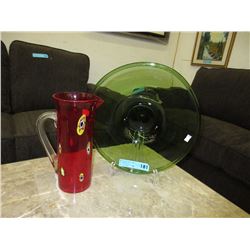 Red Italian art glass pitcher & green glass plate