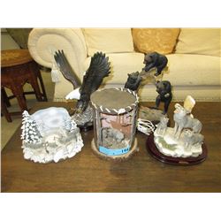 "Wolf" lamp & 4 resin figurines