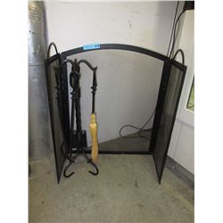 Folding fire screen with metal fireplace tools