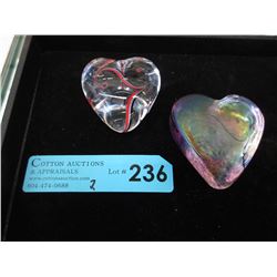 2 Robert Held art glass heart paperweights