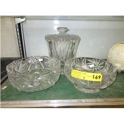 2 Large crystal bowls & crystal lidded jar