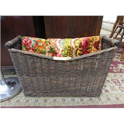 Large vintage tapestry in rattan basket