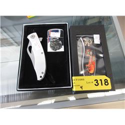 4 New folding knives - 2 with lighters