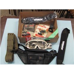 BOX LOT FANNY PACK, GOOGLES, SLINGS, ETC