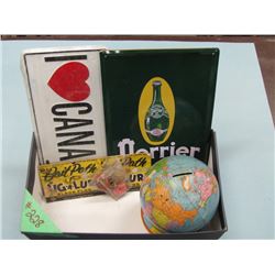 MISC BOX OF GOODIES (GLOBES SIGNS FISHING LURES)