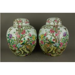 Pair Famille Rose Porcelain Jars Deng Xiaoyu Marks