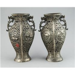 Antique Pair of Chinese Silver Vases w Stamp Seals