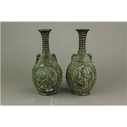 Two Pieces Bronze Metal Carved Vase Qianlong MK