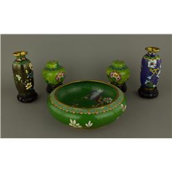 5 Pc Cloisonne Bowl & Small PaVase & Jars