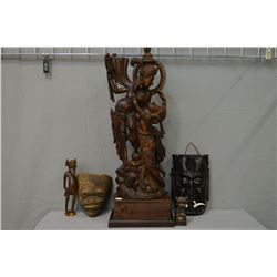 Selection of carved Indonesian treenware including 30  sculpture, two masks etc.