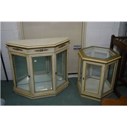 Two 1970's vitrines including one flat to the wall console style and a six sided end table