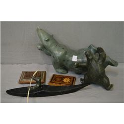 Two inlaid treenware card cases and three soapstone sculptures, note each has been repaired