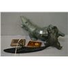 Image 1 : Two inlaid treenware card cases and three soapstone sculptures, note each has been repaired