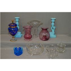 Selection of collectible glassware including corn flower crystal vase, lidded sugar and cream, cranb