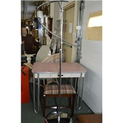 1950/60's arborite baker's table with single drawer, a walnut framed vanity bench and a modern chrom
