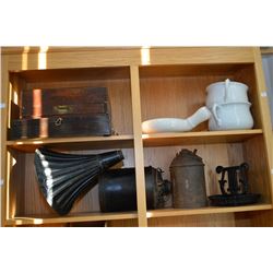 Two shelf lots of collectibles including two empty flatware chests, speaker horn, gas cans, cast tra