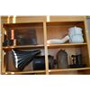 Image 1 : Two shelf lots of collectibles including two empty flatware chests, speaker horn, gas cans, cast tra