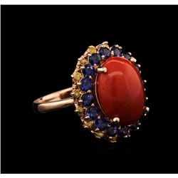 5.85ct Coral, Sapphire and Yellow Diamond Ring - 14KT Rose Gold