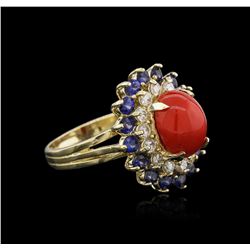 14KT White Gold 3.70ct Coral, Sapphire and Diamond Ring