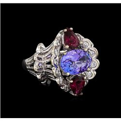 2.65ct Tanzanite, Tourmaline and Diamond Ring - 14KT White Gold