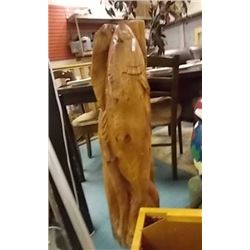 unique - hand crafted Solid wood carving of a salmon -   40" tall, 10" dia.