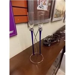 NEW CHAMPAGNE GLASSES WITH COBALT BLUE BASE STEMS AND CHROME STAND