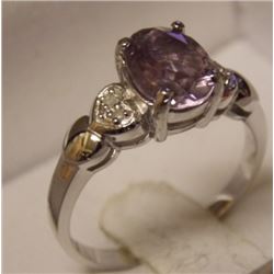 RING - 1.758CT OVAL FACETTED AMETHYST WITH 4 SHOULDER DIAMOND IN HEARTS  - STERLING SILVER SETTING -