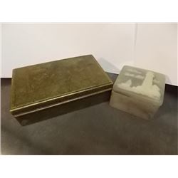 VINTAGE TRINKET BOXES - 2 TTL - BRASS WITH HINGED LID - (5 X 3 X 1.5" TALL)  - WATCH INSIDE & STONE 