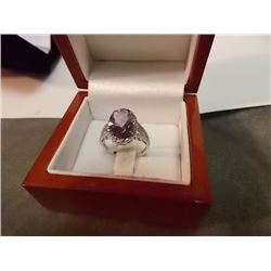 RING - STERLING SILVER - OVAL FACETTED WITH CHECKERBOARD CUT PURPLE AMETHYST AND DIAMOND ACCENTS - R