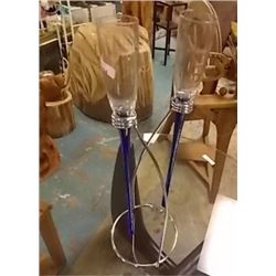 NEW CHAMPAGNE GLASSES WITH COBALT BLUE BASE STEMS AND CHROME STAND