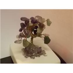 MINI BONSI TREE WITH GEMSTONES - WITH AMETHYST, JADE AND QUARTS - 2 1/4" TALL