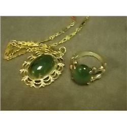 NECKLACE AND RING SET - JADE CENTER STONES - RING STAMPED "S.S" WITH GOLD FINISH - NECKLACE NOT MARK