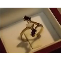 RING - NON-FEROUS - RED AND CLEAR RHINESTONES AND OPAL