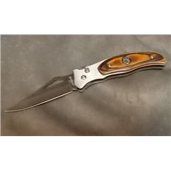 KNIFE - NEW - QUICK ASSISTED OPENING 3 ½" BLADE - WOOD GRAIN AND STAINLESS STEEL - WITH BELT CLIP AN