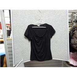 LADIES TOP - USED - NYGARD - BLACK WITH S/S BEADS ON NECKLINE - SIZE MEDIUM