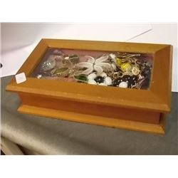 JEWELRY BOX FROM ESTATE - WOOD AND GLASS - FILLED WITH RINGS, BRACLETS, NECKLACES,  - SOME SILVER - 