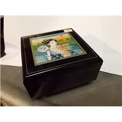 ORIENTAL BLACK ENAMEL JEWELRY BOX - MUSICAL - FILLED WITH MISC JEWELRY - SOME SILVER - ALL ONE MONEY
