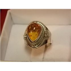 RING - CUSTOM DESIGNED - 925 STERLING SILVER - WITH ORANGE BALTIC AMBER STONE - RETAIL ~$ 220