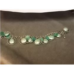 BRACLET - STERLING SILVER WITH GREEN STONE AND SHELL ACCENTS - ~8" LONG & WEIGHT ~16GRAMS