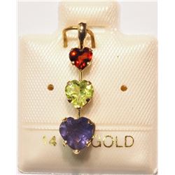 14K GOLD IOLITE, PERIDOT, GARNET HEART-SHAPED W/ COA