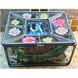 GLASS JEWELLERY BOX & CONTENTS