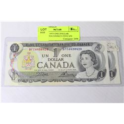 TWO UNC 1973 ONE DOLLAR BANKNOTES CONSECUTIVE S/N
