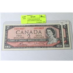 TWO UNC 1954 CANADIAN $2 BANKNOTES CONSECUTIVE S/N