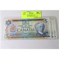 3 UNC 1979 CANADIAN $5 BANKNOTES CONSECUTIVE S/N