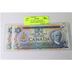 TWO UNC 1979 CANADIAN $5 BANKNOTES CONSECUTIVE S/N