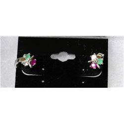 #17-9K SOLID GOLD NATURAL RUBY,EMERALD CZ EARRINGS