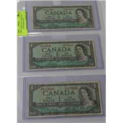 PAGE OF THREE 1954 CANADIAN ONE DOLLAR BANKNOTES