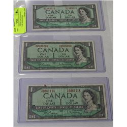 PAGE OF THREE 1954 CANADIAN ONE DOLLAR BANKNOTES