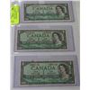 Image 1 : PAGE OF THREE 1954 CANADIAN ONE DOLLAR BANKNOTES